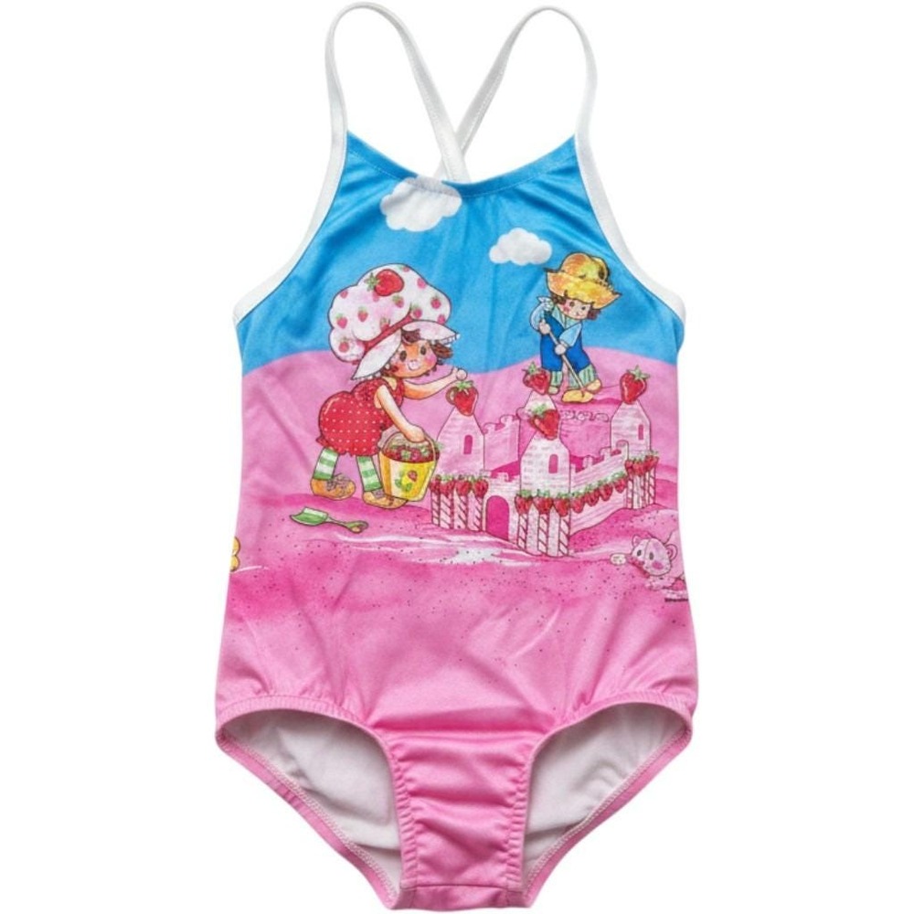 Vintage Strawberry Shortcake One Piece Swimsuit Kids Pink Blue Retro 80s 12M